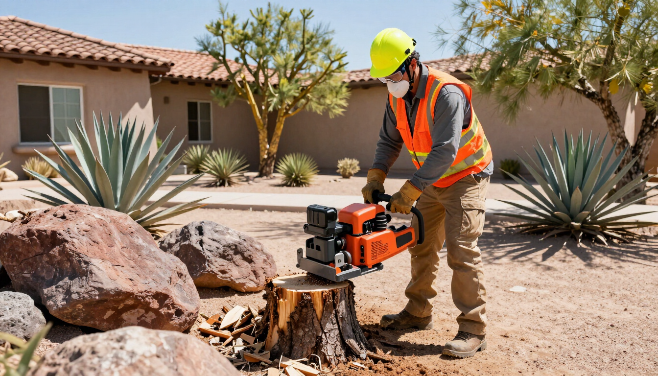 Worker in safety gear cutting a tree stump in a desert yard with a chainsaw.