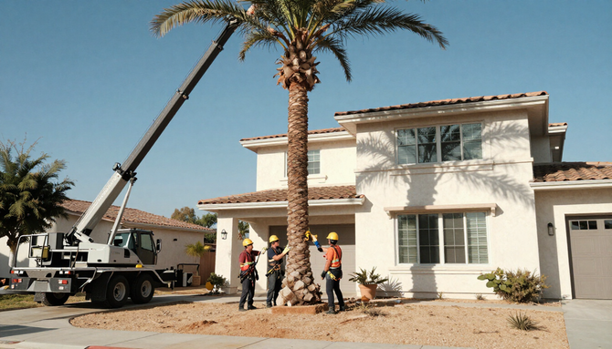 Workers use a crane to remove a tall palm tree beside a white house.