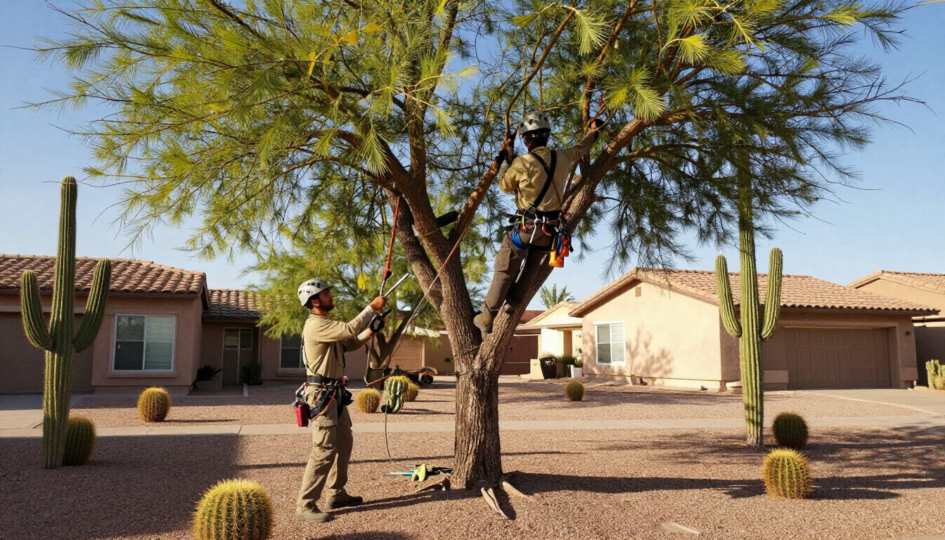Two workers prune a tree in a desert yard with houses and cacti in the background.