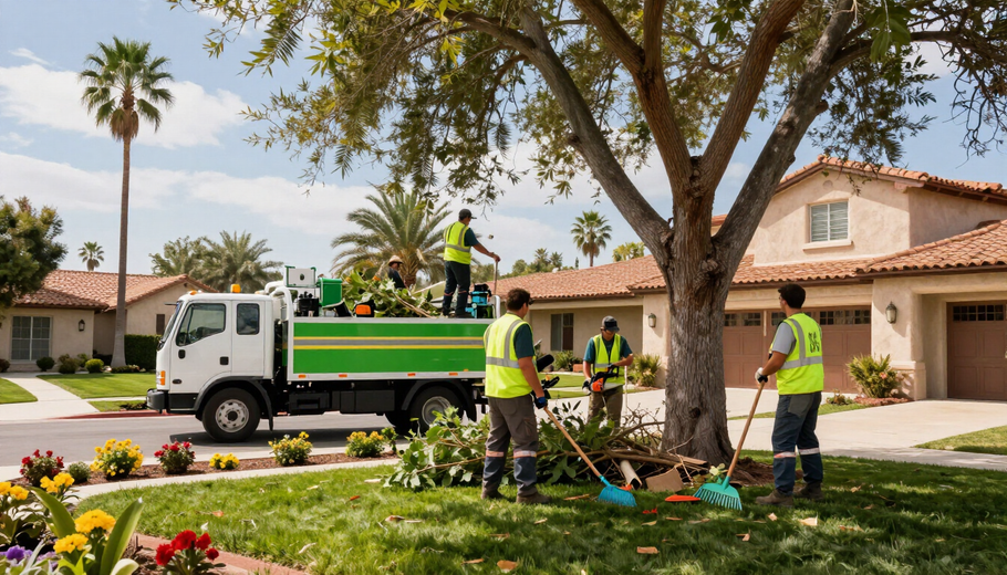 Workers in neon vests trimming a tree beside a green truck in a suburban neighborhood
