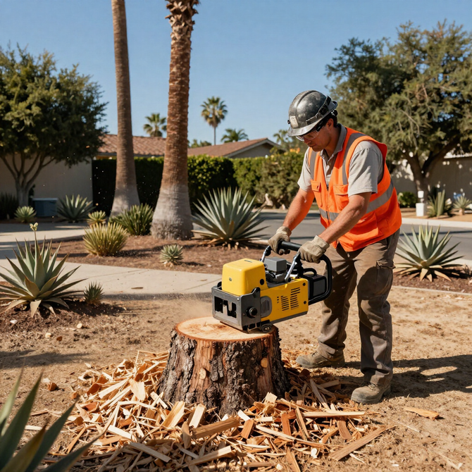 Worker in an orange vest using a chainsaw to cut a tree stump in a dry yard