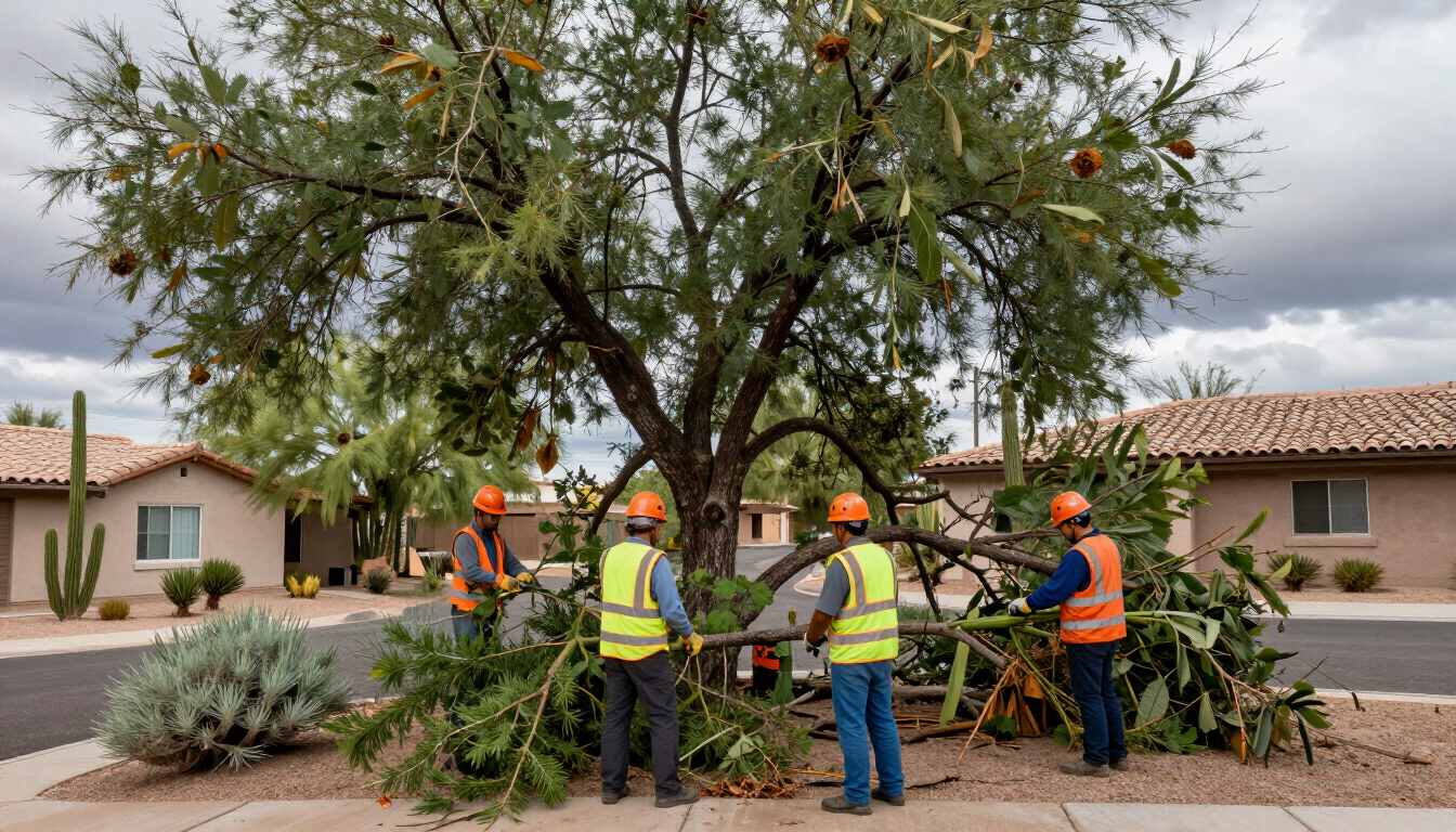 Workers in safety vests trimming a large tree in a suburban yard