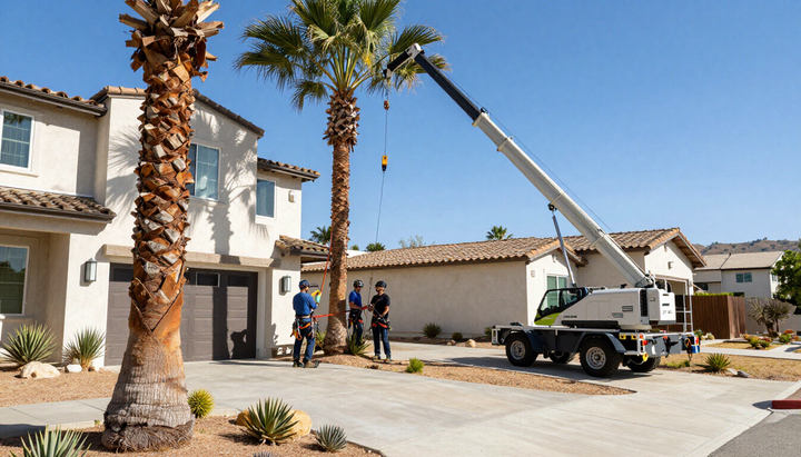 Workers on a crane trimming tall palm trees in a suburban driveway under a clear blue sky.