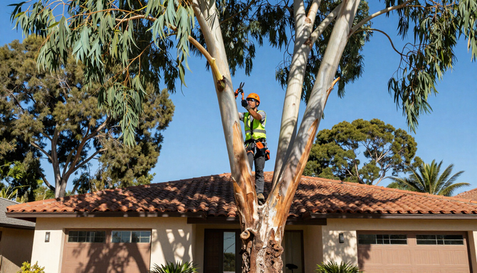 Worker on a roof near a tree, trimming branches above a tan house.