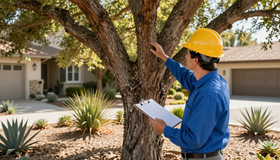 Worker in yellow hard hat inspecting a tree in a suburban front yard, holding a clipboard.