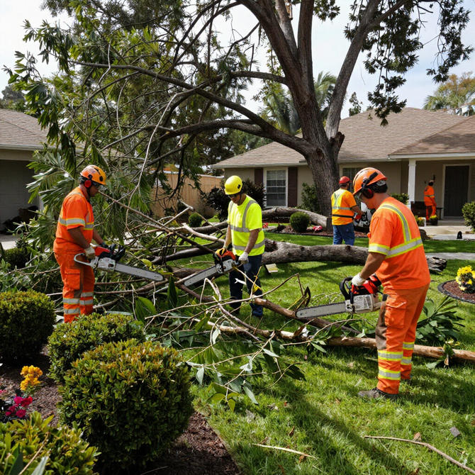 Workers in orange and neon gear clear a fallen tree in a suburban yard.