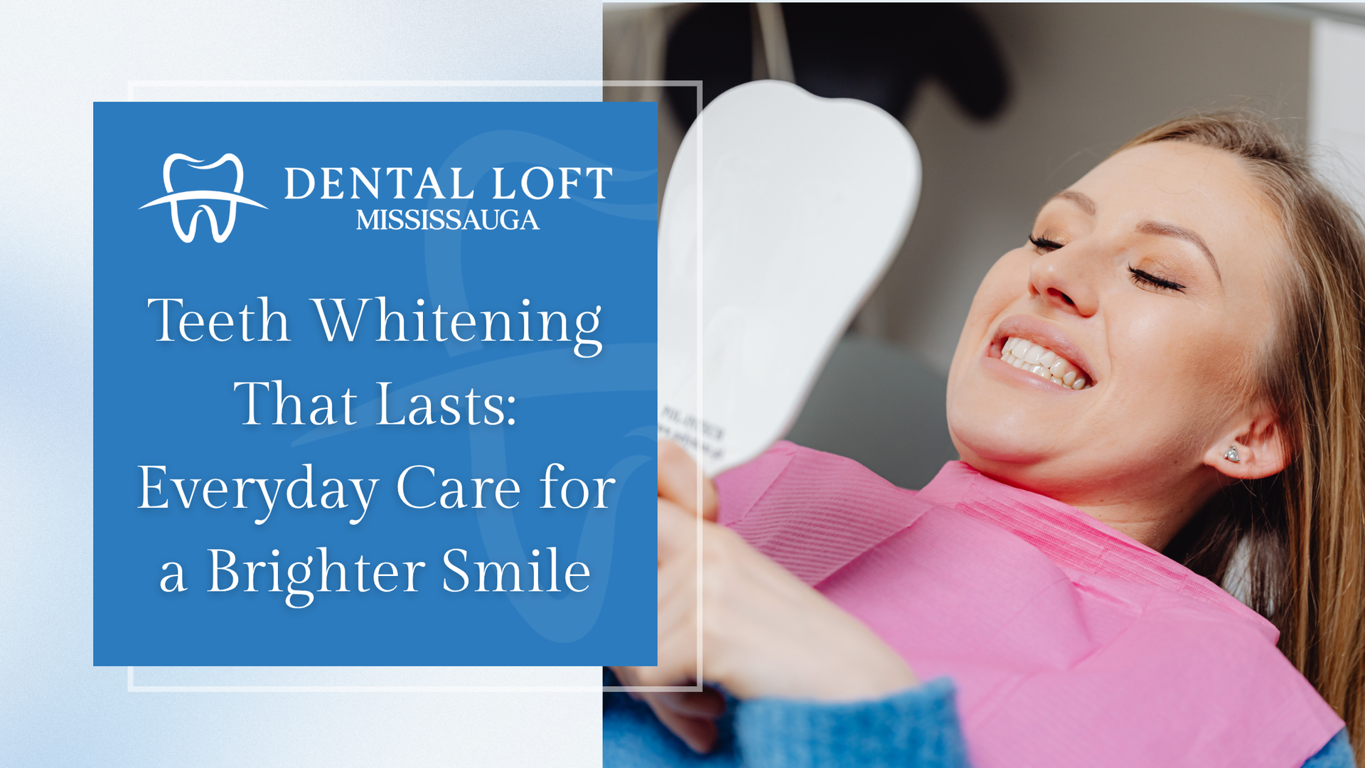 Woman smiling, looking at teeth. Dental Loft ad for teeth whitening, with text overlay.