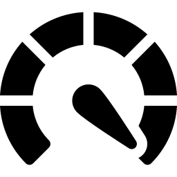 A black and white icon of a speedometer on a white background.