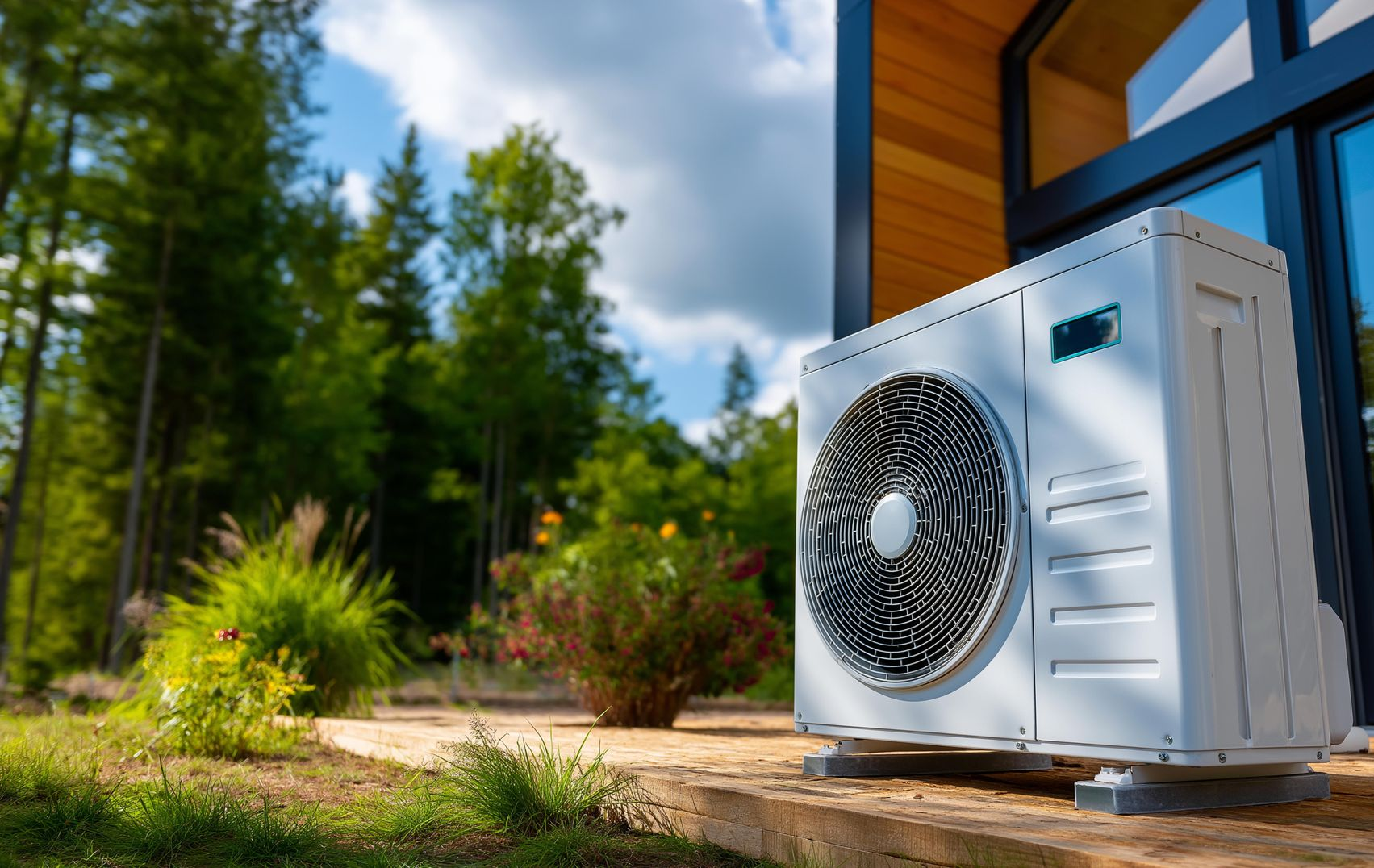 Outdoor HVAC unit beside a modern house, with a sunny garden and trees in the background