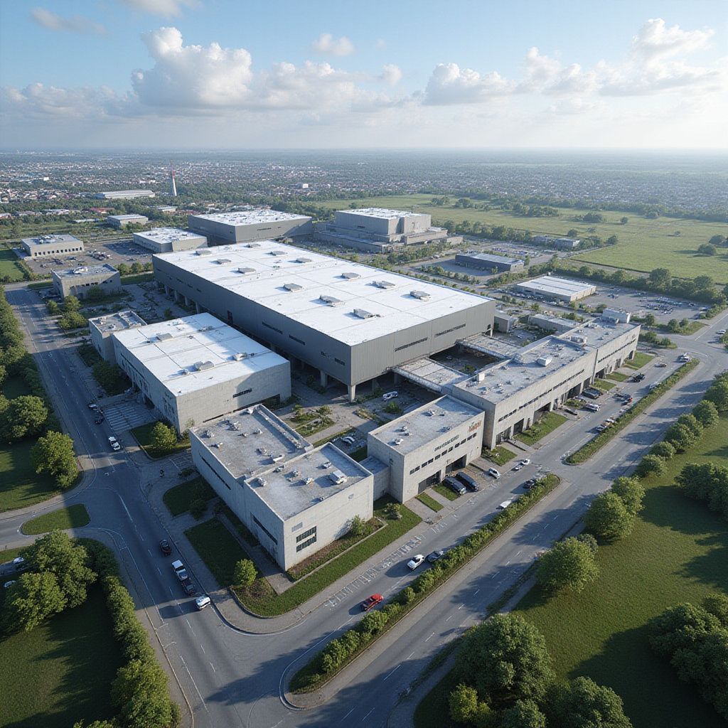 Luchtfoto van een groot industriecomplex met diverse aaneengesloten gebouwen, verharde wegen en omliggende groene zones.