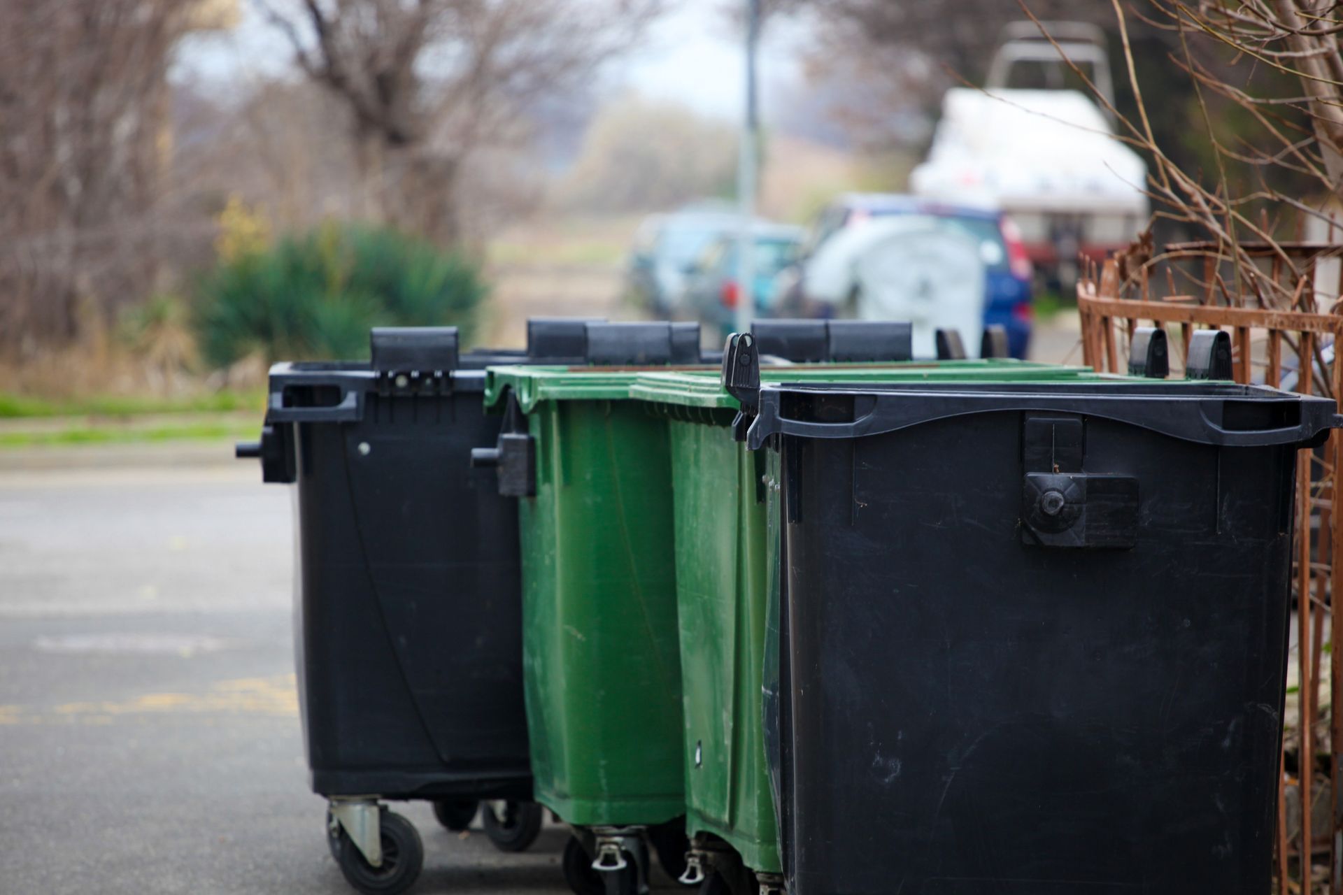 A row of roll-off dumpster rentals from DWR Del Monte Waste Removal in Vineland, NJ.