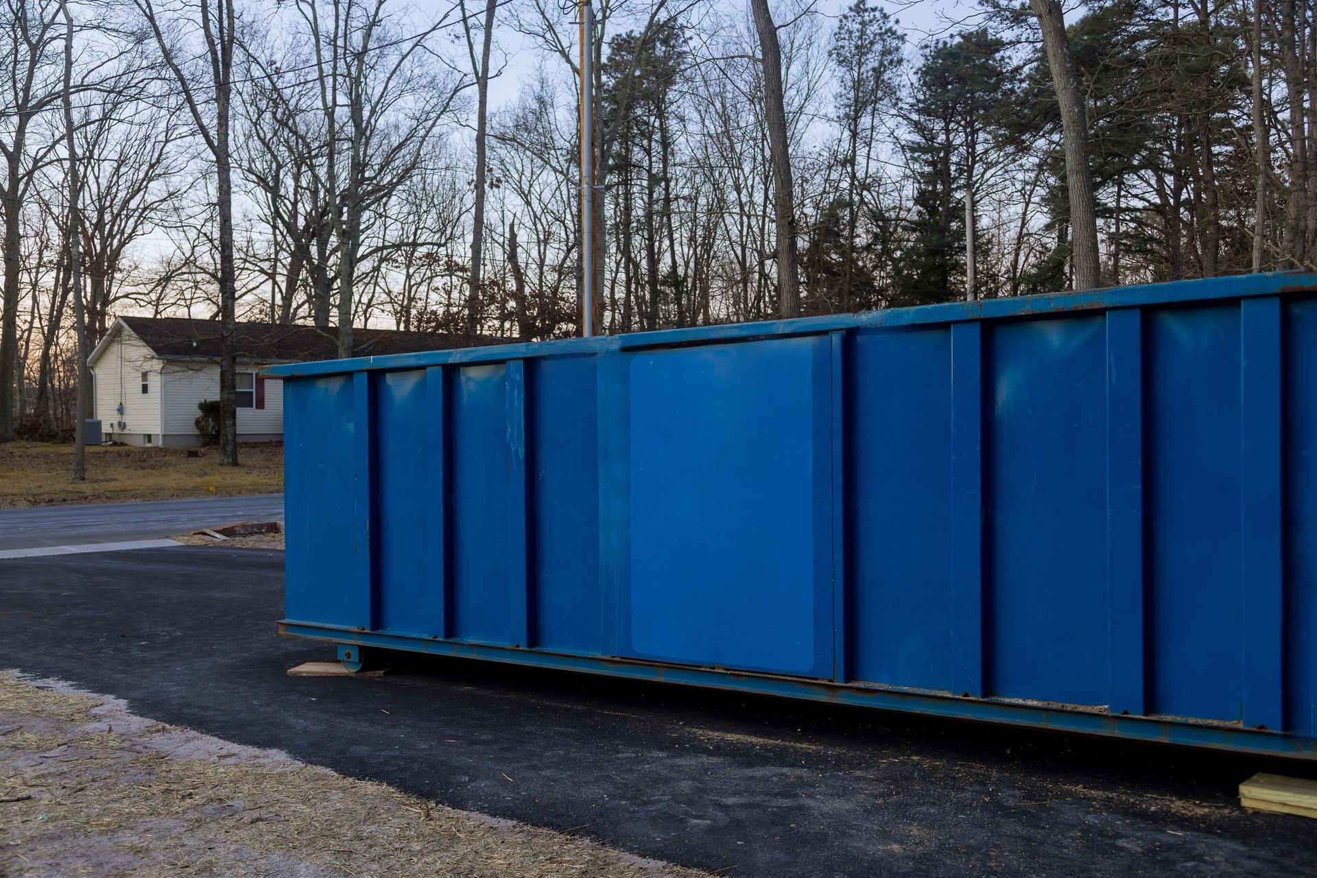 Blue roll off dumpster rental containers outside on street for home renovation waste.