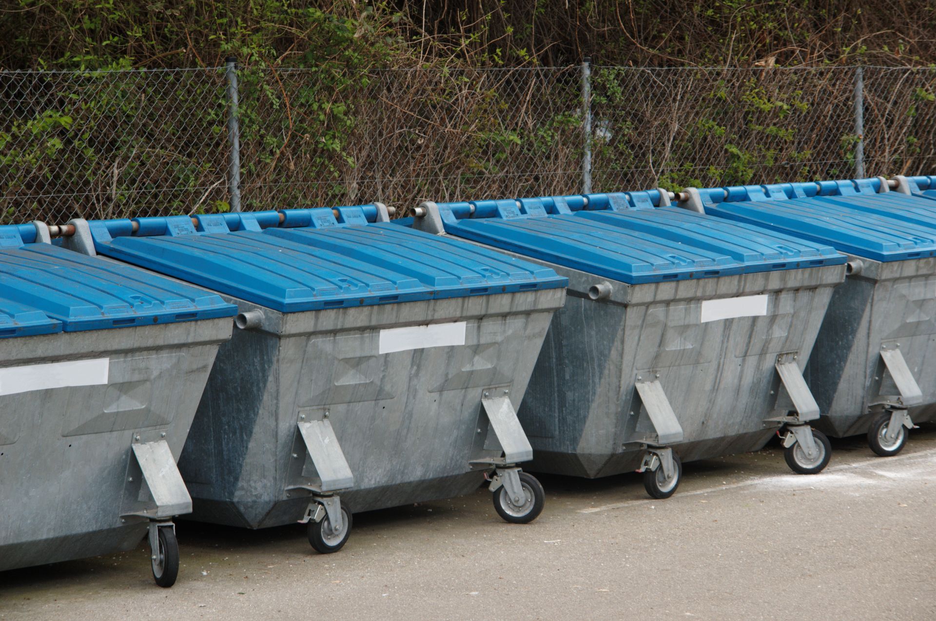 A row of roll-off dumpster rentals from DWR Del Monte Waste Removal in Vineland, NJ.