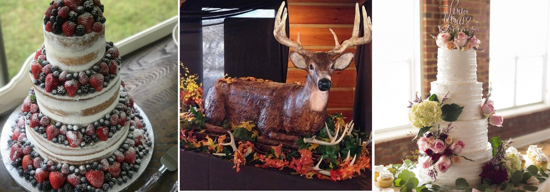 Three decorative fall-themed centerpieces with white flowers, berries, pumpkins, and a stag sculpture