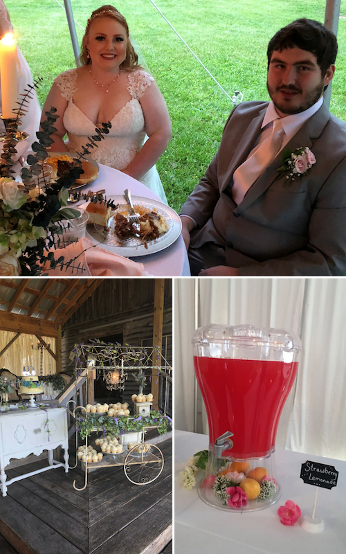 Wedding collage: bride and groom seated at a table, plus reception decor and a large pink drink dispenser.