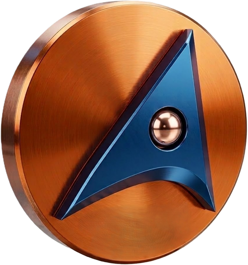 A copper-colored circular base features a blue, arrow-shaped metallic emblem with a small sphere in its center.