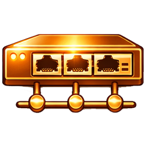 A metallic gold icon of a network switch or router with three Ethernet ports and a connected branching line.