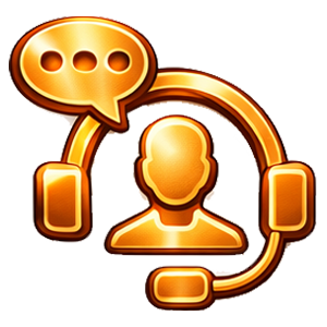 A gold icon of a person wearing a headset with a speech bubble containing three dots above their head.