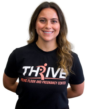 Woman smiling in black THRIVE T-shirt with pelvic floor and pregnancy center logo on white background