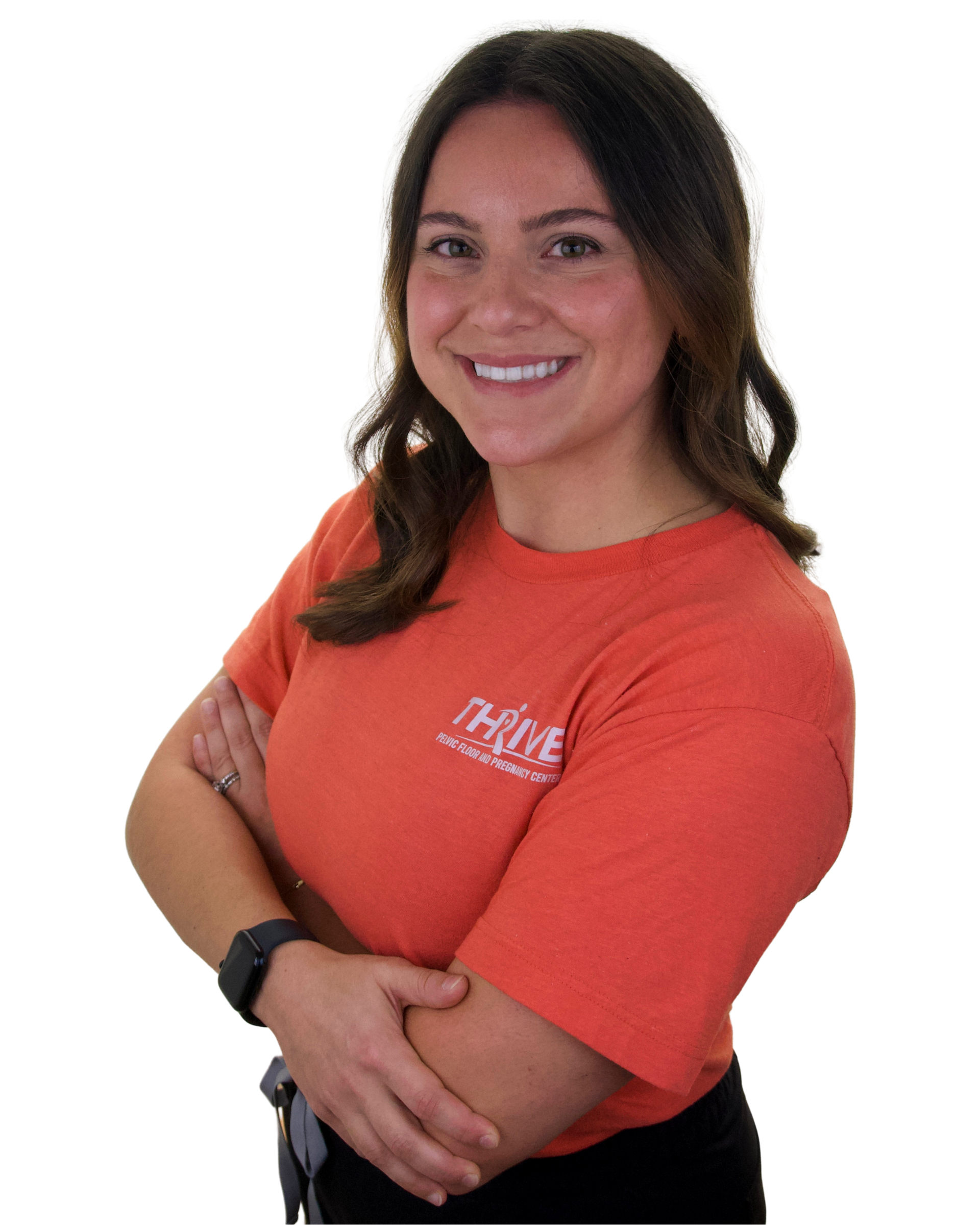 Smiling person in an orange T-shirt with arms crossed against a white background