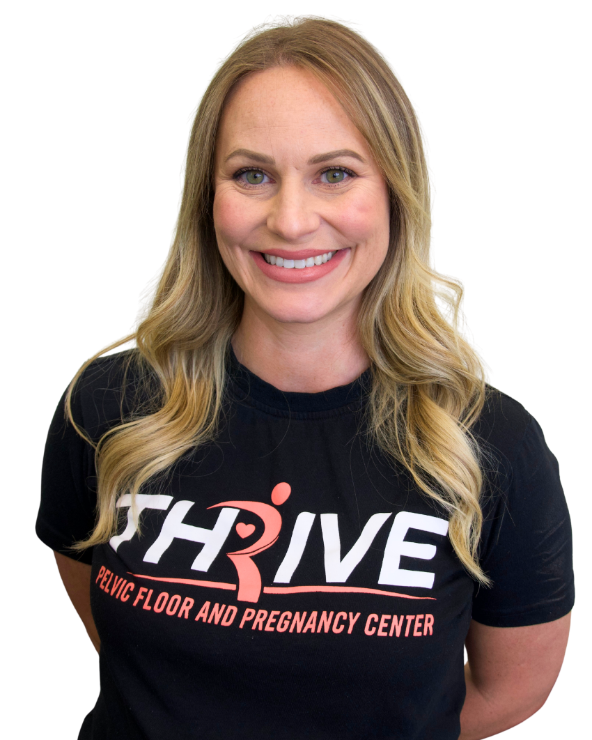 Smiling woman in a black THRIVE T-shirt against a white background
