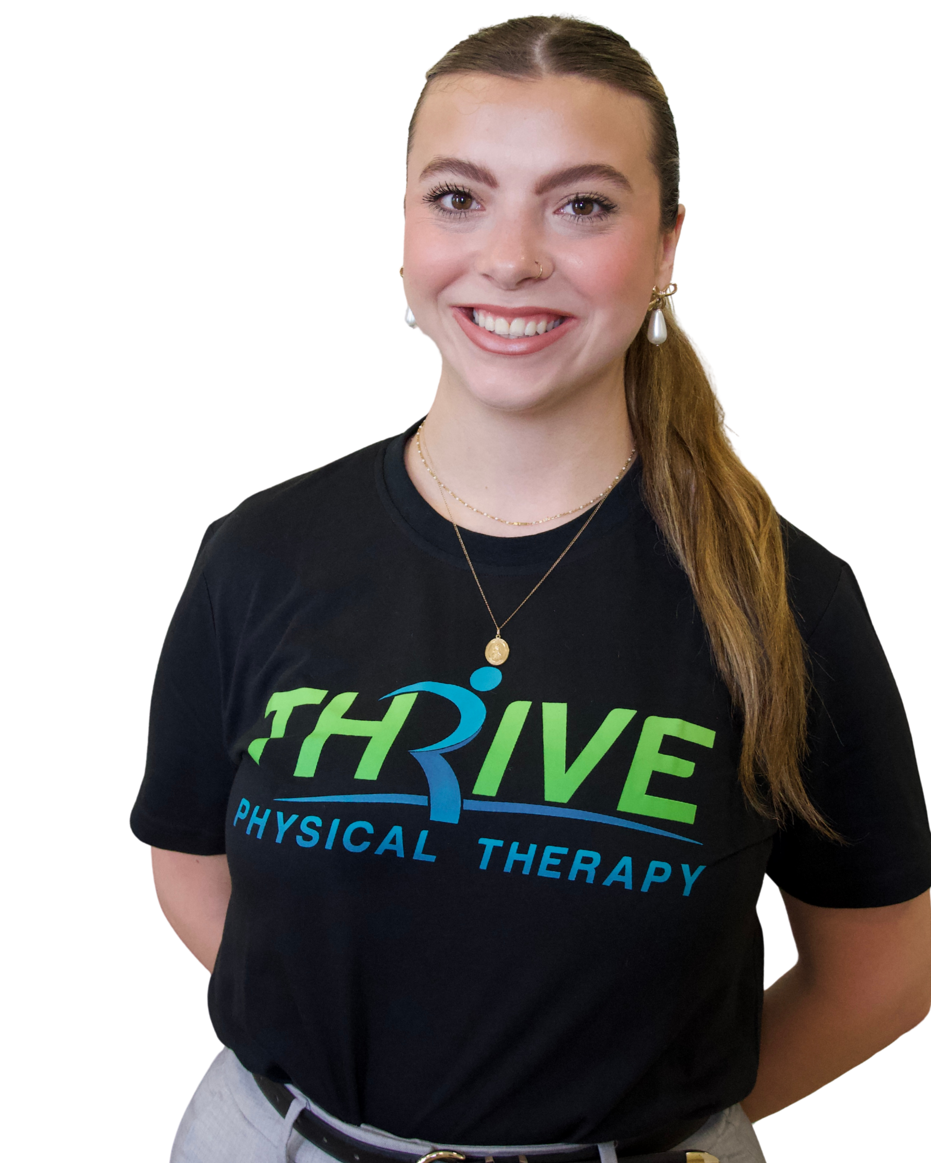 Woman in a black THRIVE Physical Therapy T-shirt smiling against a white background