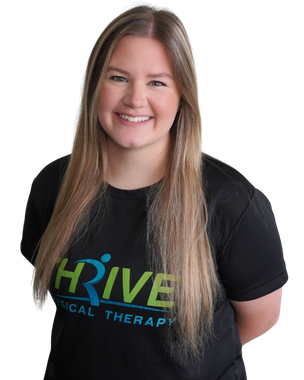Smiling woman in black HRIVE Physical Therapy T-shirt against a white background