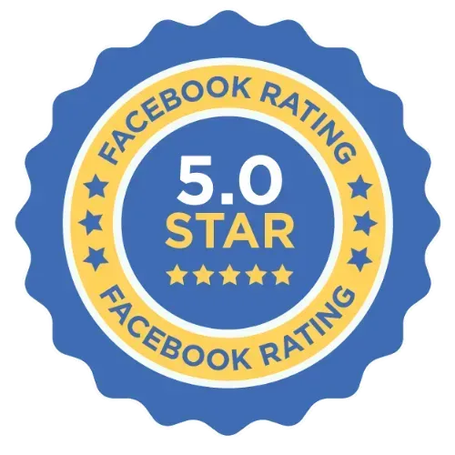 Blue Facebook rating badge reading “5.0 STAR” with five stars and “Facebook Rating” around the edge