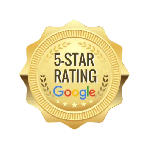 Gold 5-star rating badge with Google logo and stars
