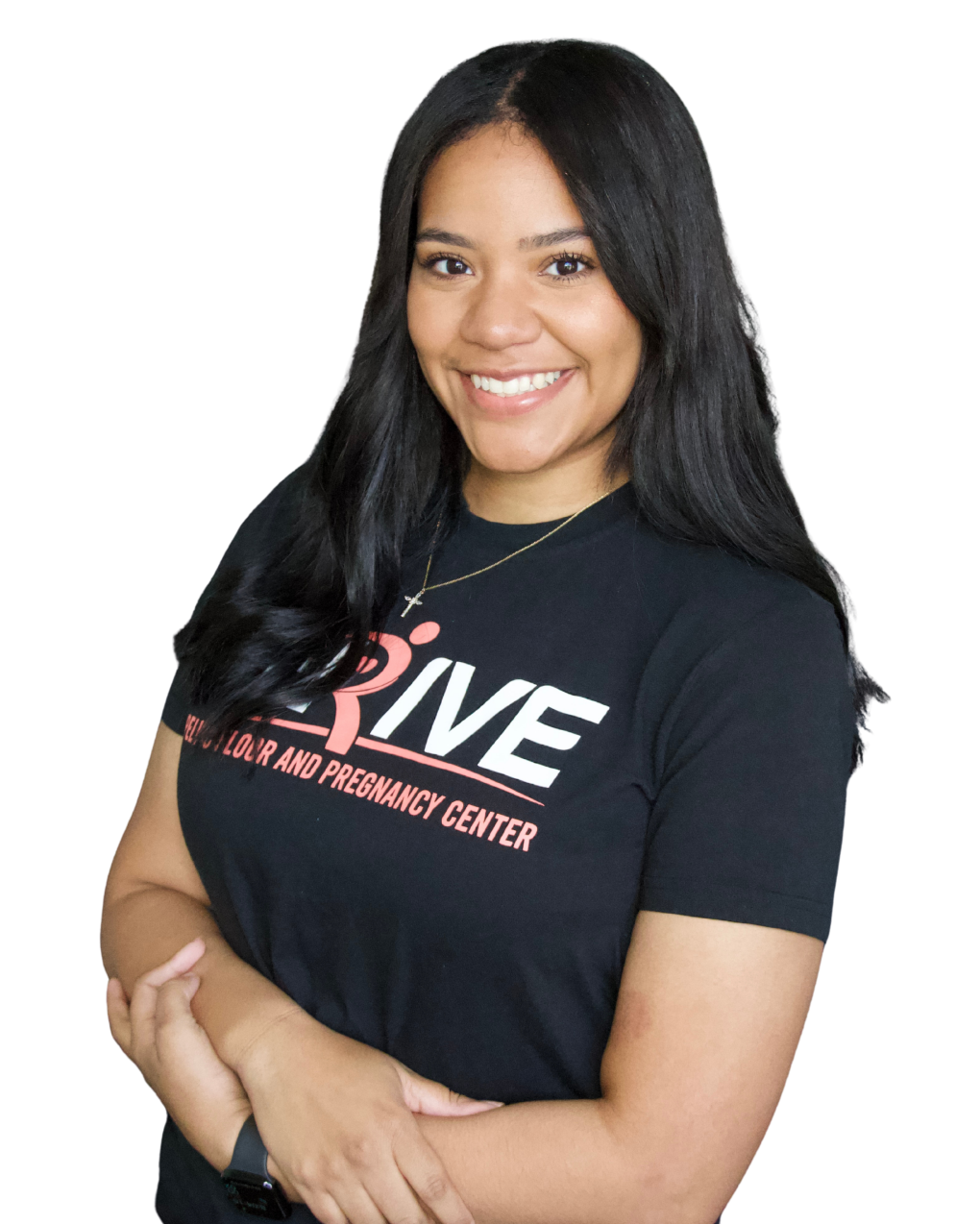 Smiling woman in a black T-shirt with pink and white text, standing against a white background.