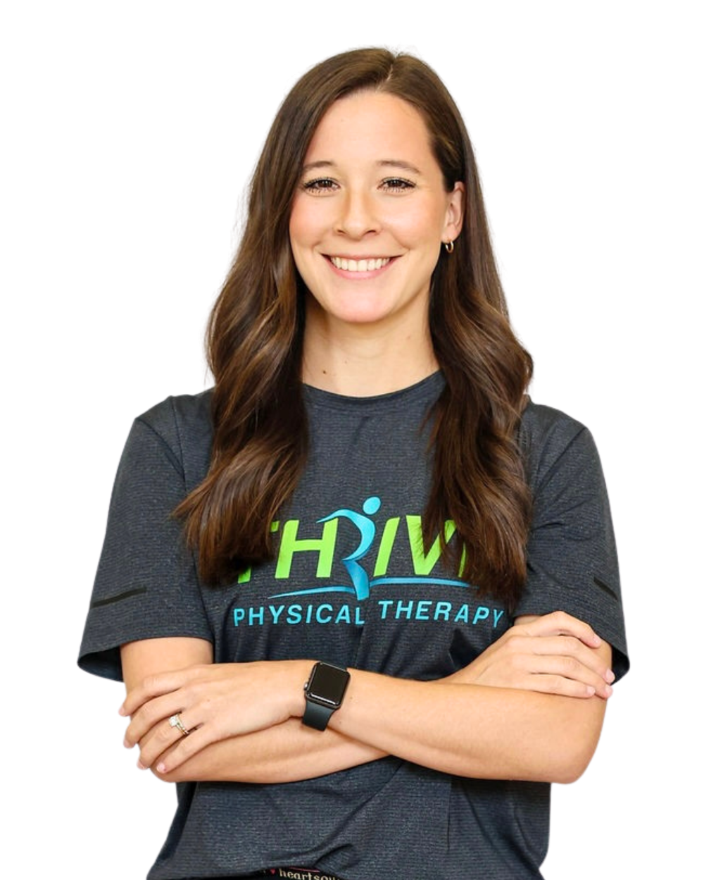 Smiling person in a dark gray “HiV Physical Therapy” T-shirt with arms crossed on a white background