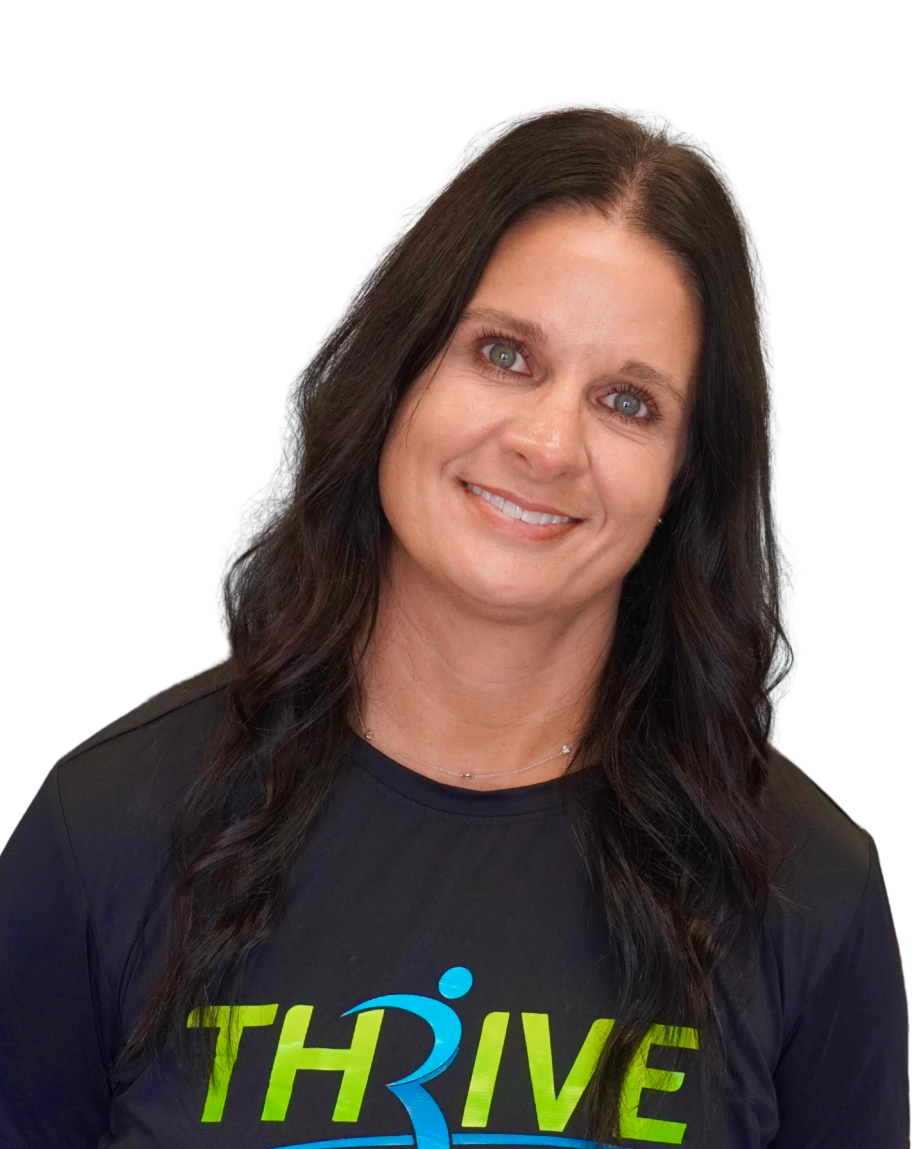Smiling person in a black THRIVE shirt against a white background