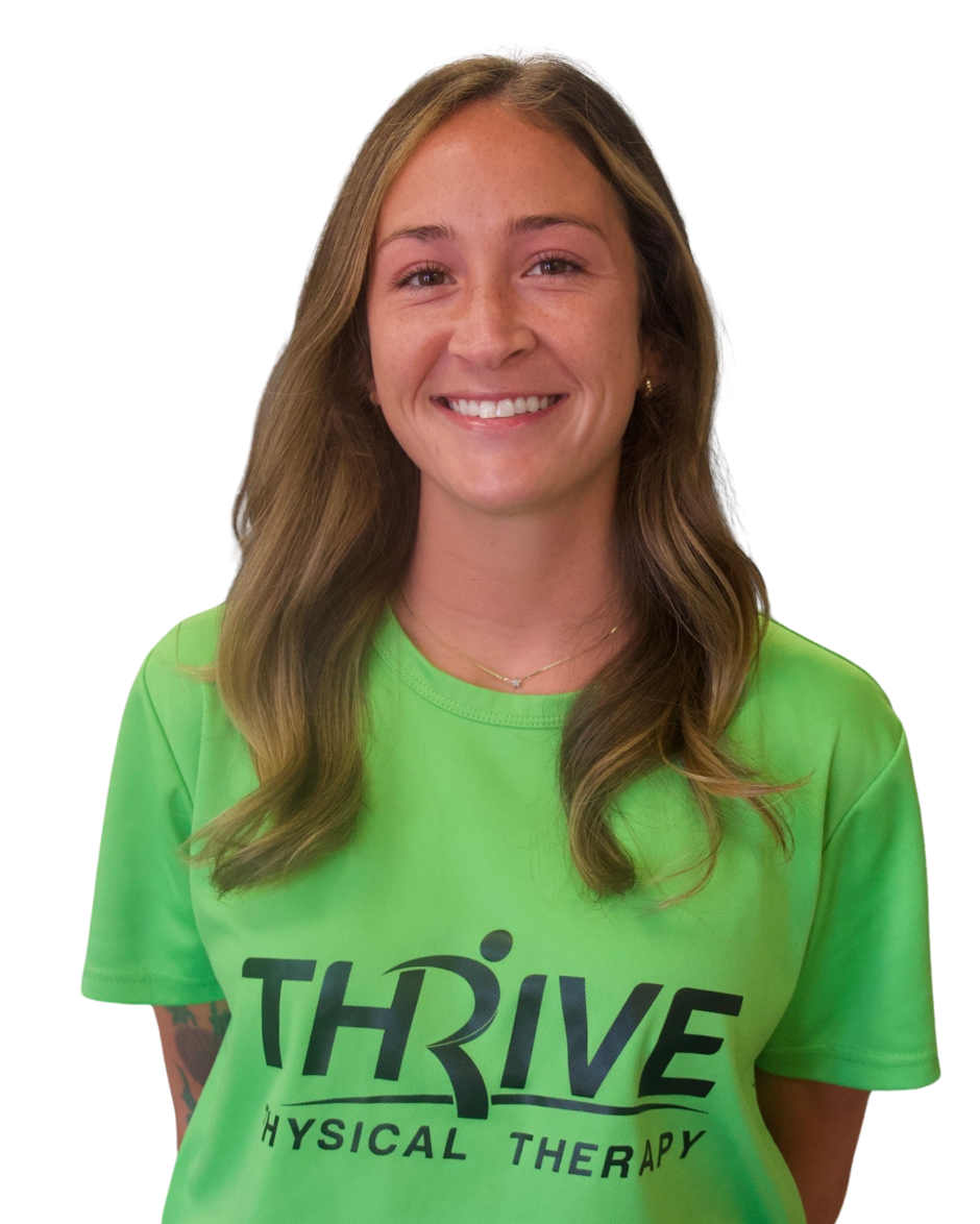 Smiling person in a green THRIVE Physical Therapy T-shirt on a white background