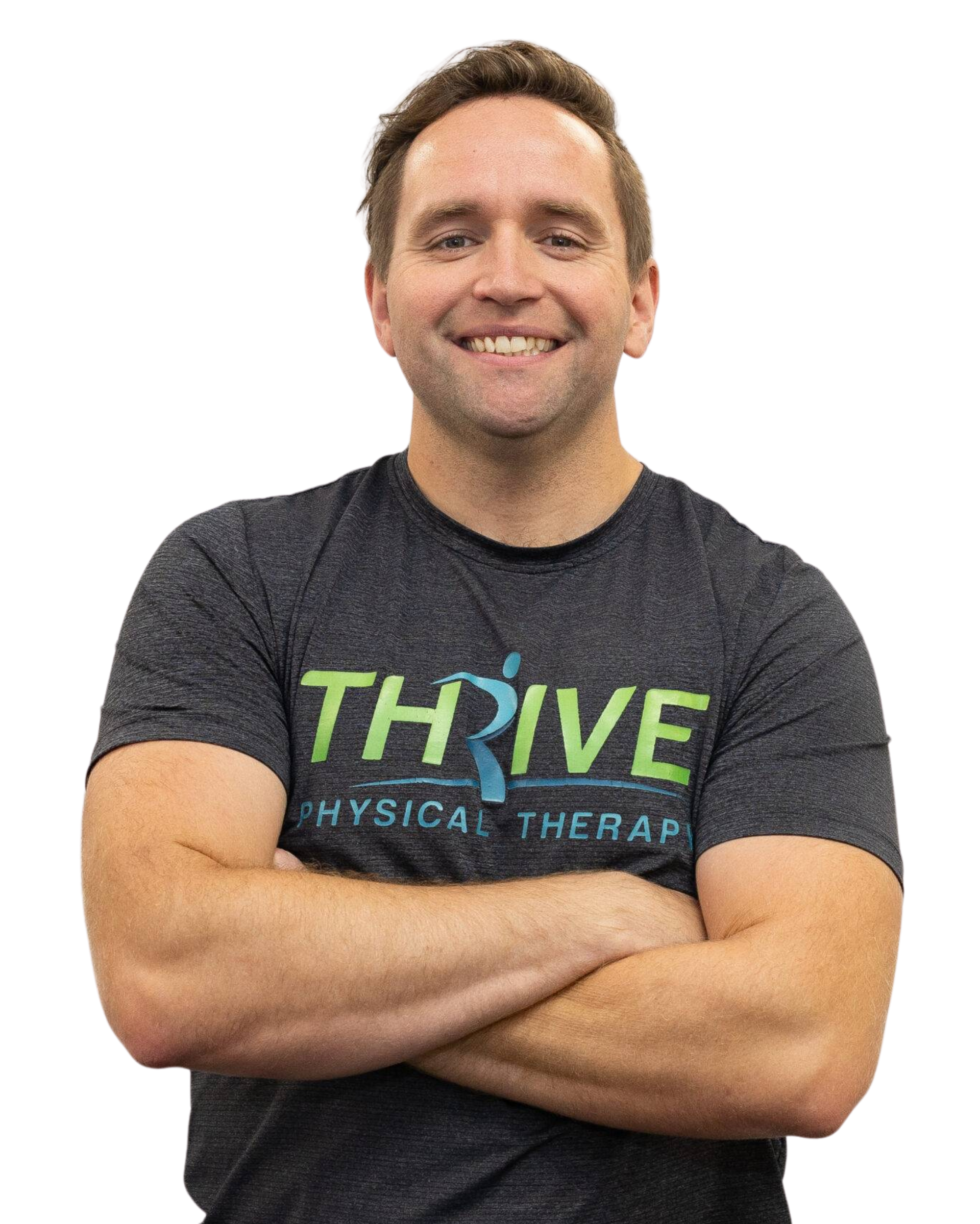 Smiling person with arms crossed wearing a THRIVE Physical Therapy T-shirt on a white background