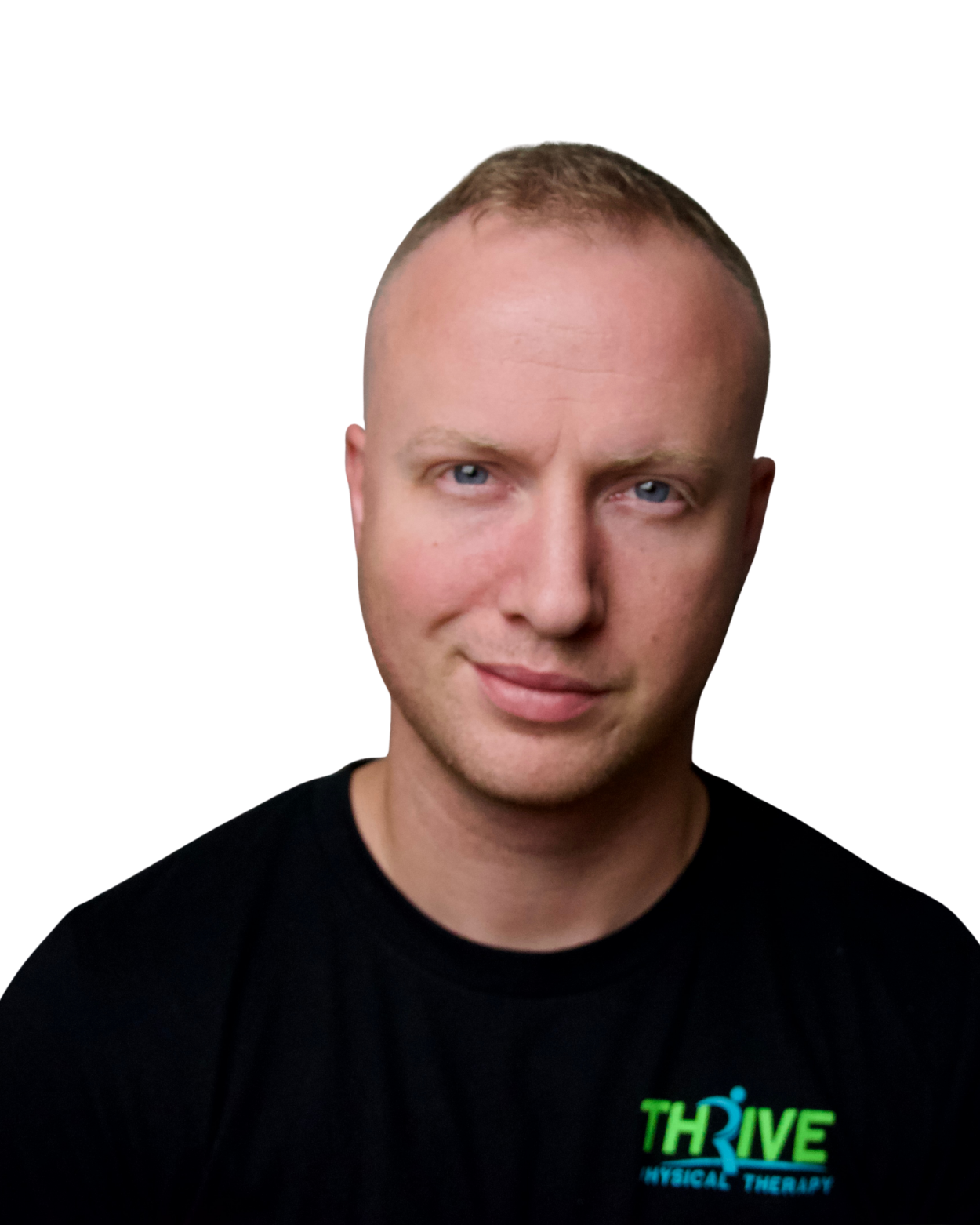 Headshot of a person in a black shirt with a THRIVE logo, against a white background