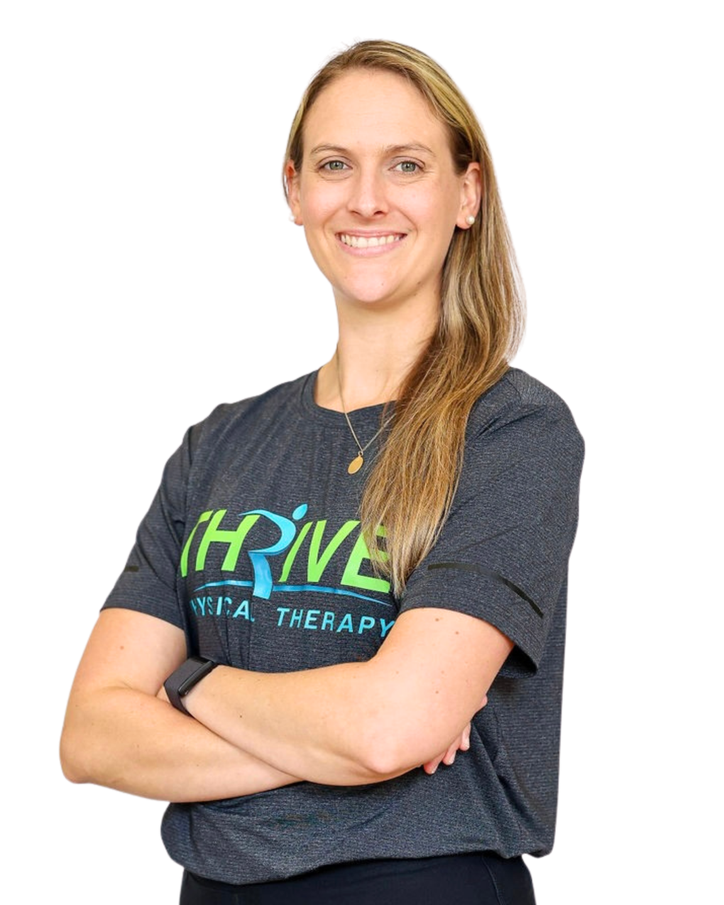 Portrait of a smiling person in a dark T-shirt with arms crossed against a white background