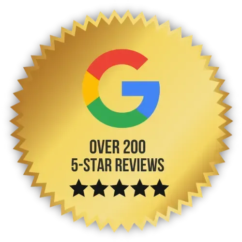 Gold badge with Google logo and text “OVER 200 5-STAR REVIEWS” above five black stars