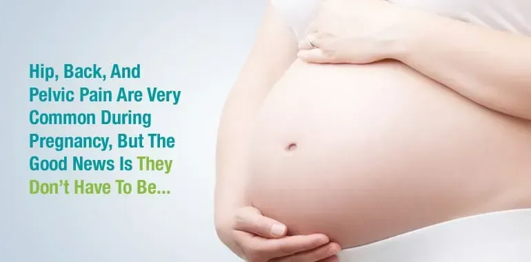 Pregnant belly with text about back and pelvic pain during pregnancy and ways to prevent it