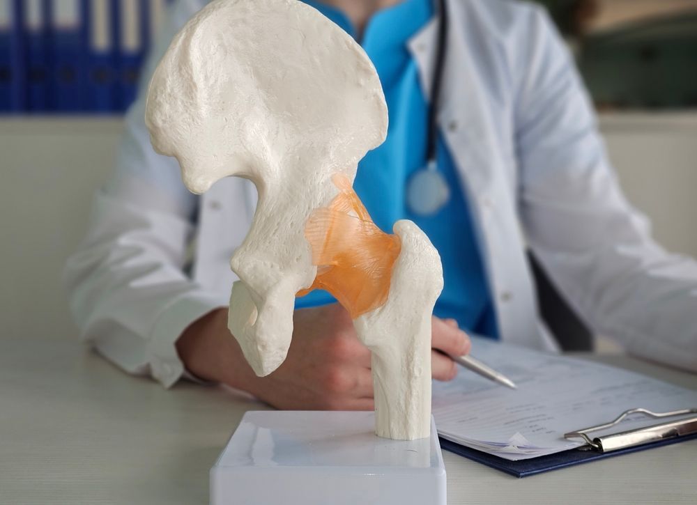 3D hip joint model on a desk with a doctor in a white coat taking notes in the background