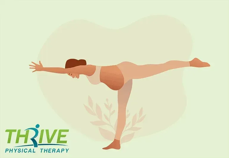 Woman balancing in yoga pose with THRIVE Physical Therapy logo on a light green background