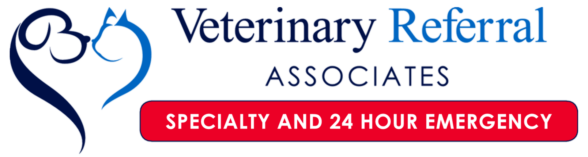 Logo of Veterinary Referral Associates, with a heart-shaped design, and text for specialty and 24-hour emergency services.