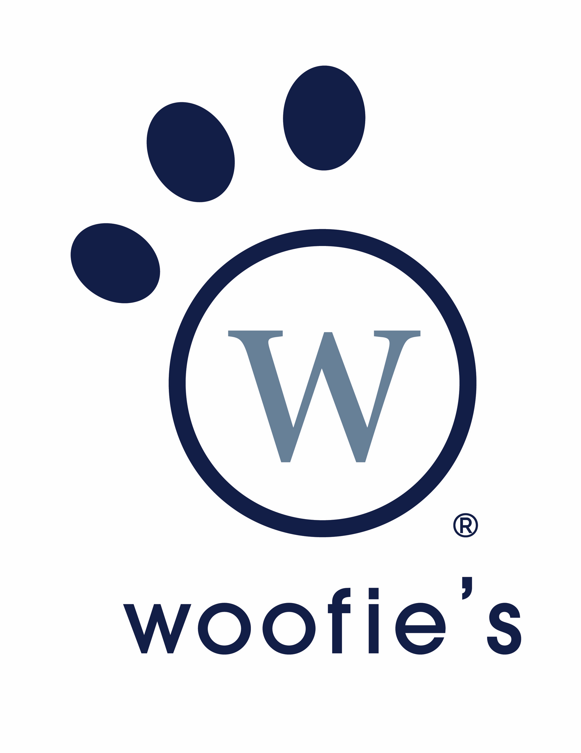 Woofie's logo: Paw print and a circle with the letter