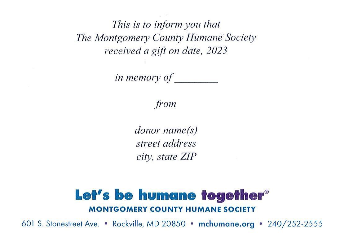 The montgomery county humane society received a gift donation card
