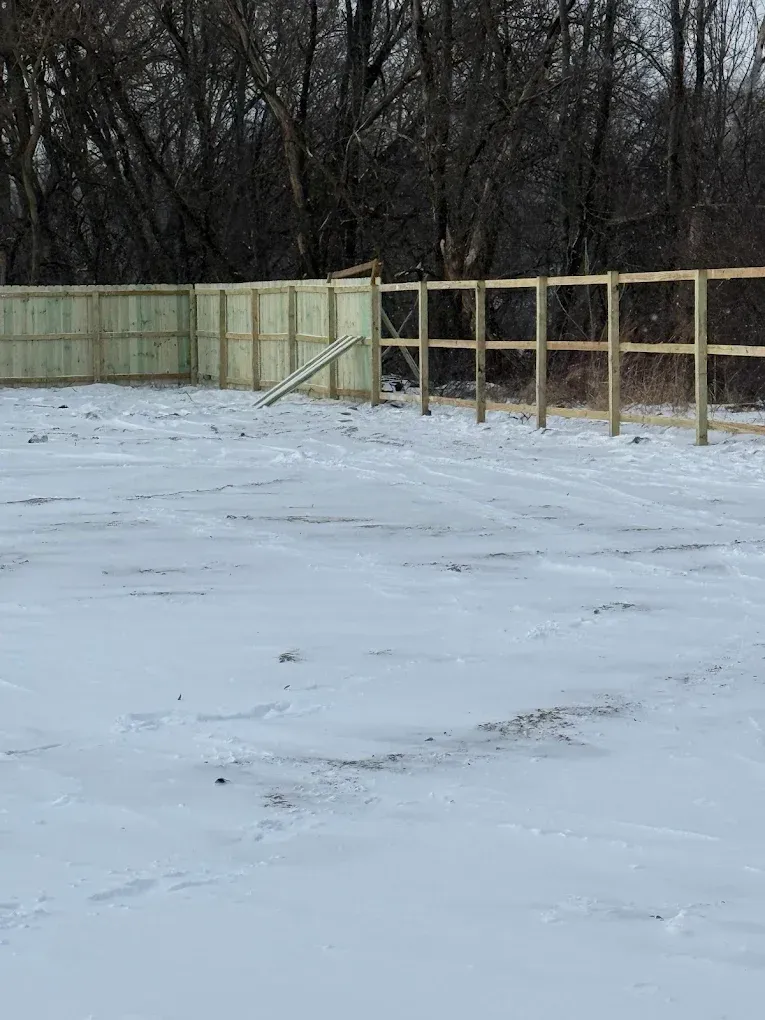 Snow-covered yard with a wooden fence and leafless trees in the background