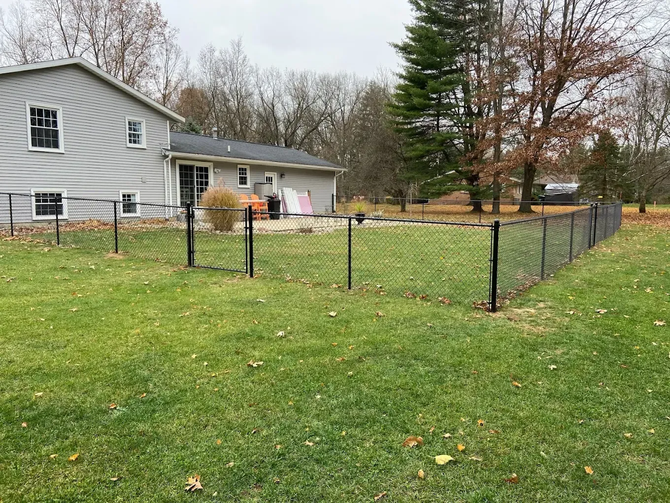 Backyard with black metal fence, green lawn, and a gray house in the background