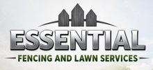 Essential Fencing and Lawn Services logo with gray city skyline and green text