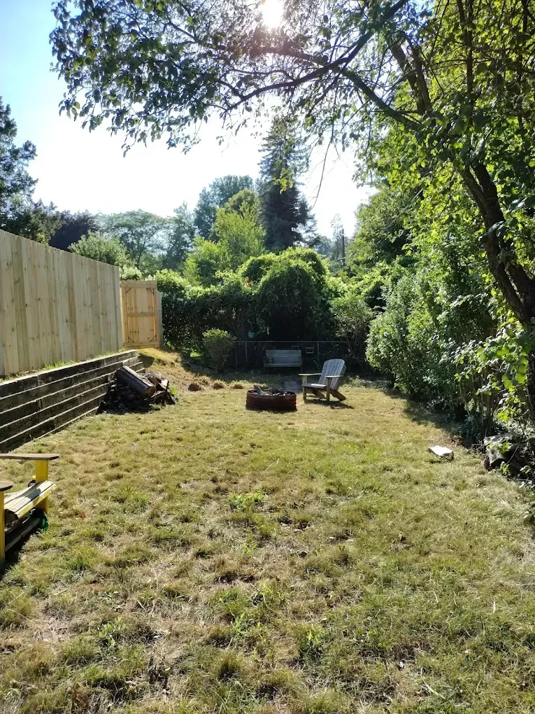 Sunny backyard with lawn, wooden fence, trees, fire pit, and chairs