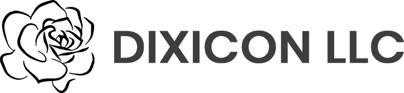 A black and white logo for dixicon llc with a rose in the middle.