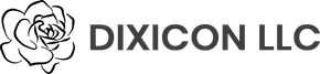 A black and white logo for dixicon llc with a rose in the middle.