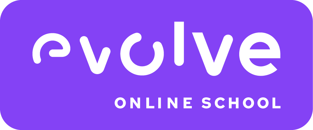 A logo for an online school called evolve.